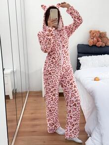 Napfluff Pink Leopard Print Star Pattern Hooded Zip-Up One-Piece Pajamas, Cozy Loungewear For Home - Pink - View 5