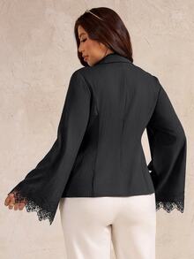 Elenzga Plus Size Women's Autumn/Winter Blouse With Notched Collar, Flared Sleeves, Lace Patchwork, Waist-Cinching Design, Elegant Commuter Daily Wear Fall - Black - View 2