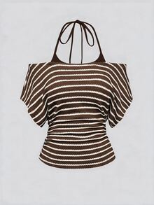 Olithes Women's Striped Halter Neck 2 In 1 Patchwork Casual Daily Wear Top - Coffee Brown - View 1