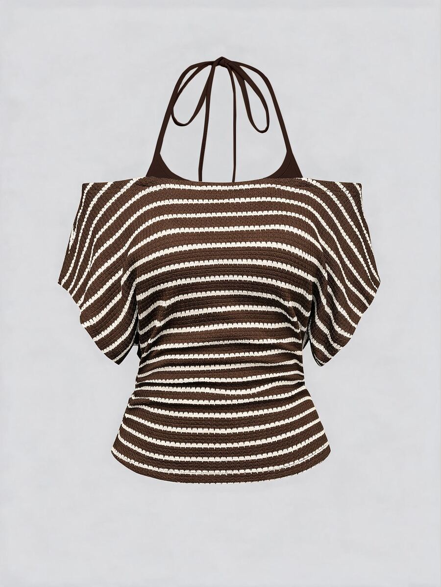 Olithes Women's Striped Halter Neck 2 In 1 Patchwork Casual Daily Wear Top - Coffee Brown - View 1