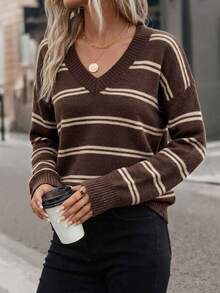 SHEIN LUNE Women's Casual V-Neck Striped Brown Colorblock Knit Sweater, Suitable For Autumn/Winter - Multicolor - View 7