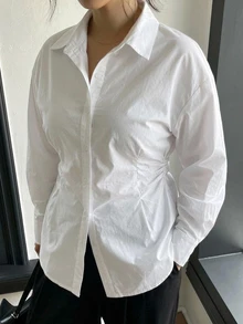 Dazy Plus 純色休閒俐落收腰百褶設計趣味通勤辦公正式穿著白色長袖襯衫秋季 - 白色 - 查看 1
