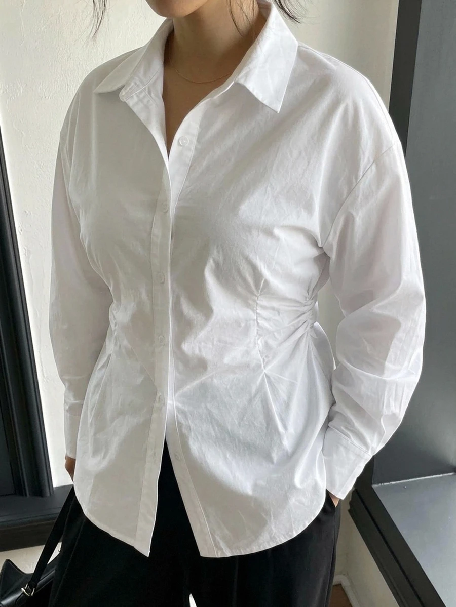 Dazy Plus 純色休閒俐落收腰百褶設計趣味通勤辦公正式穿著白色長袖襯衫秋季 - 白色 - 查看 1