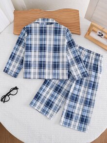 SHEIN 2件組嬰兒男童女童長袖格紋領短袖鈕扣上衣＋鬆緊腰長褲兩件套格紋睡衣家居服，適合秋冬 - 彩色 - 查看 2