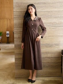 DAZY Women's Slim Fit Elegant Corduroy Mid-Length Dress - Brown - View 3