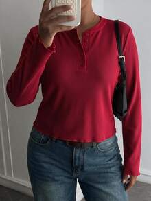 Livesso Solid Color Casual Traditional Half-Button Front Long Sleeve White T-Shirt, Blogger Style, Spring/Autumn New Arrival Formal Home Wear - Burgundy - View 4