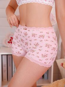 PetitDoll 1 buah Celana Dalam Boxer Wanita Motif Bunga Manis, Kain Bergaris, dan Hiasan Renda - Berwarna merah muda - View 5