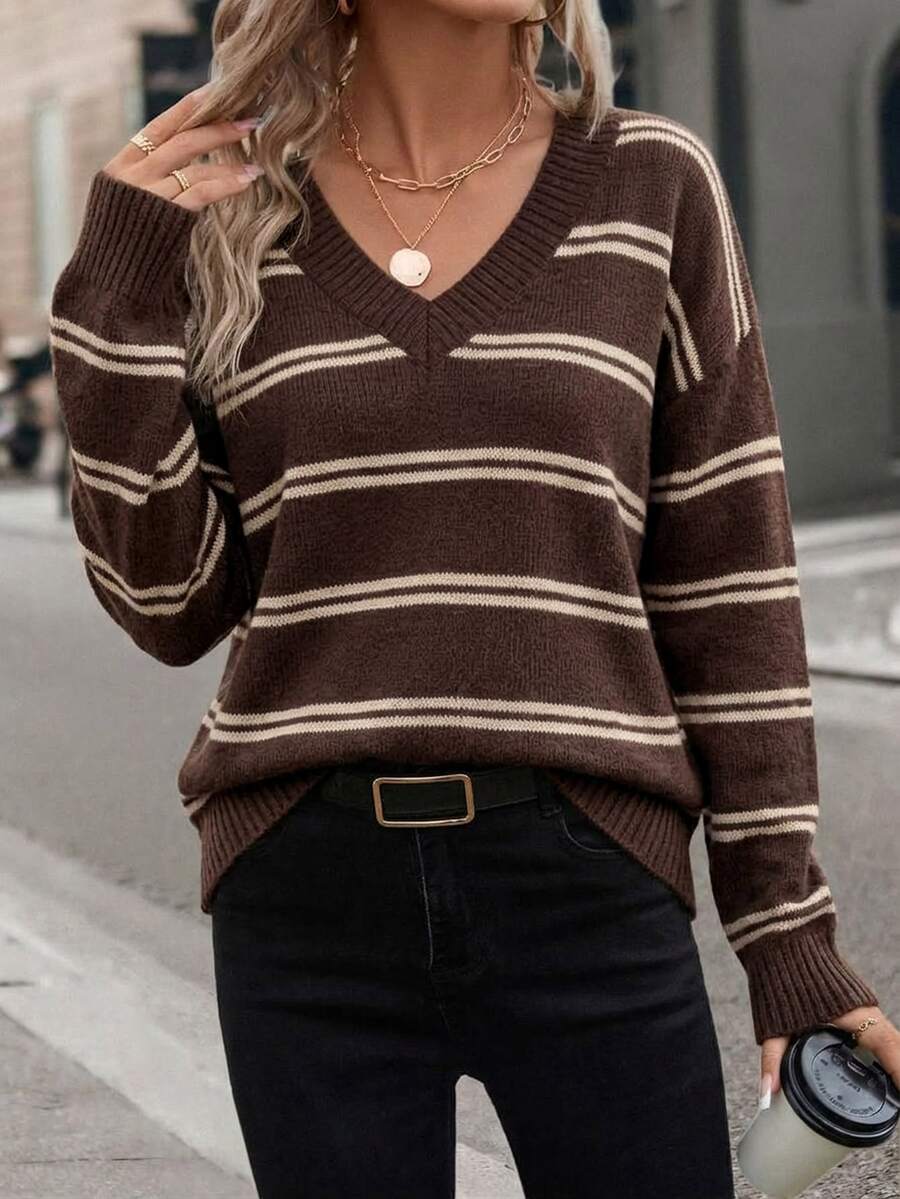 SHEIN LUNE Women's Casual V-Neck Striped Brown Colorblock Knit Sweater, Suitable For Autumn/Winter - Multicolor - View 1
