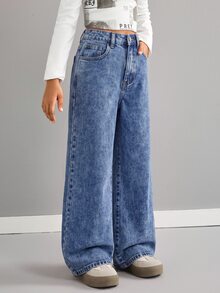 SHEIN Tween Girls Loose Wide Leg Denim Pants - Dark Wash - View 5