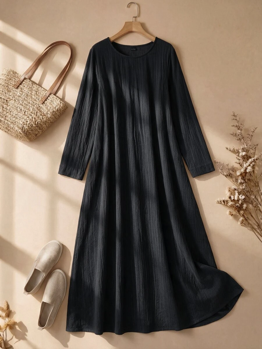 Rusticease Women's Long Sleeve Round Neck Colorblock Hem Loose Long Dress - Black - View 1