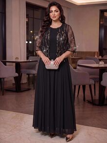Auveirra Plus Size Women's 2pcs Set With Mesh Sequin Fringe Design Top And Pleated Design Skirt Formal Evening Party Black And Gold Black Social Set Christmas - Black - View 4