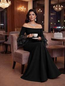 Auveirra فستان نسائي مقاس كبير أنيق بتصميم دانتيل مرقع وأكمام مكشوفة وذيل حورية البحر للحفلات - الأسود - مشاهدة 4
