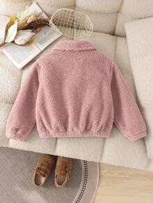 SHEIN Elladie kids 女童毛絨領長袖夾克，彈性下擺與袖口，秋冬保暖外套，現代時尚夾克，適合外出、購物與拍照 - 粉色 - 查看 2