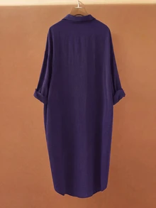 Linhara 女款大尺碼純色襯衫洋裝，極簡翻領單排扣長版不對稱下擺，百搭通勤休閒寬鬆襯衫，日常秋冬款 - 紫色 - 查看 2