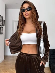 SHEIN EZwear 女款黑色天鵝絨水鑽裝飾連帽拉鍊上衣與口袋長褲休閒運動套裝，夏季穿搭，度假海灘風 - 棕色 - 查看 4