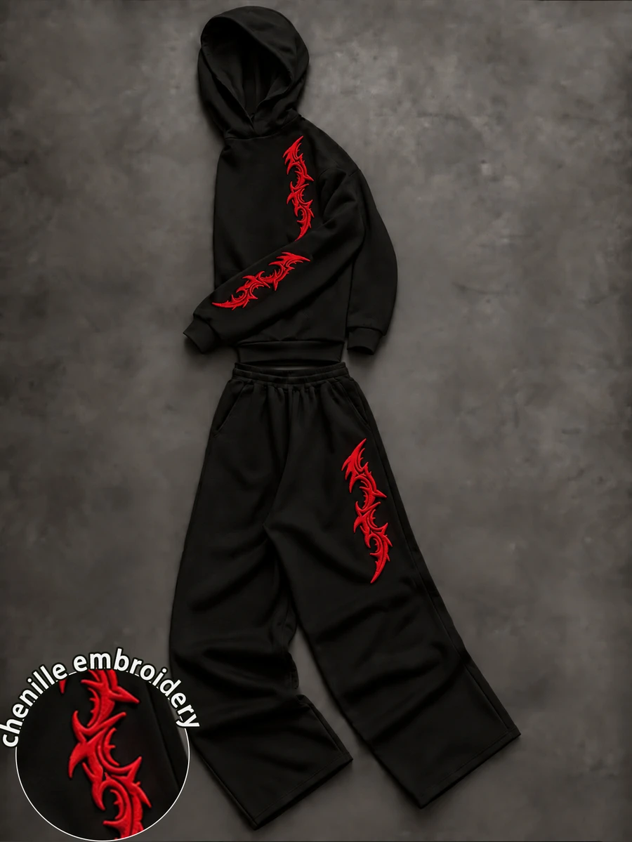 Claim Dot Men's 2pcs Streetwear Set, Oversized Hoodie & Straight Leg Sweatpants, Gothic Red Towel Embroidery T - Black - View 1
