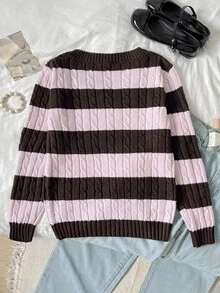 Girlism 青少年女孩針織粉色與棕色條紋刺繡圖案V領長袖毛衣 - 粉色 - 查看 2