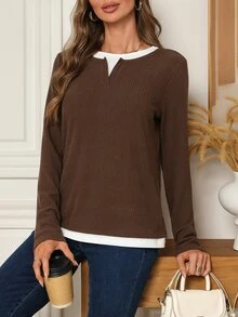 EMERY ROSE Women's 2 In 1 Long Sleeve Casual Ribbed T-Shirt - Coffee Brown - View 3