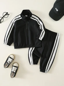 SHEIN 2件組嬰兒男童女童休閒學院風秋冬拼接織帶百搭舒適圓領長袖套頭上衣＋鬆緊腰長褲 - 黑色 - 查看 3