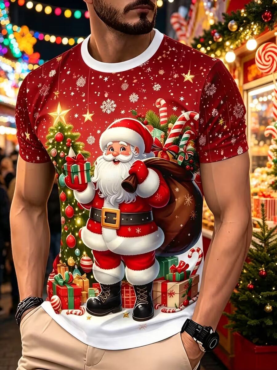 Manfinity Dauomo Men's Santa Claus Print Short Sleeve T-Shirt, Crew ...