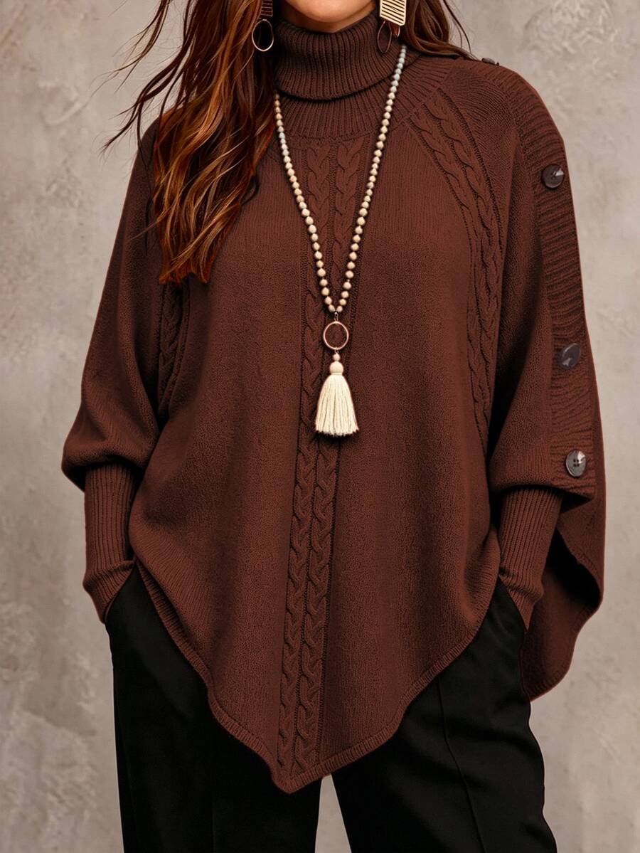 Linhara CURVE Women's Solid Color Knitted Button High Neck Batwing Long Sleeve Cape Style Fitted Elegant Sweater, Autumn/Winter - Redwood - View 1