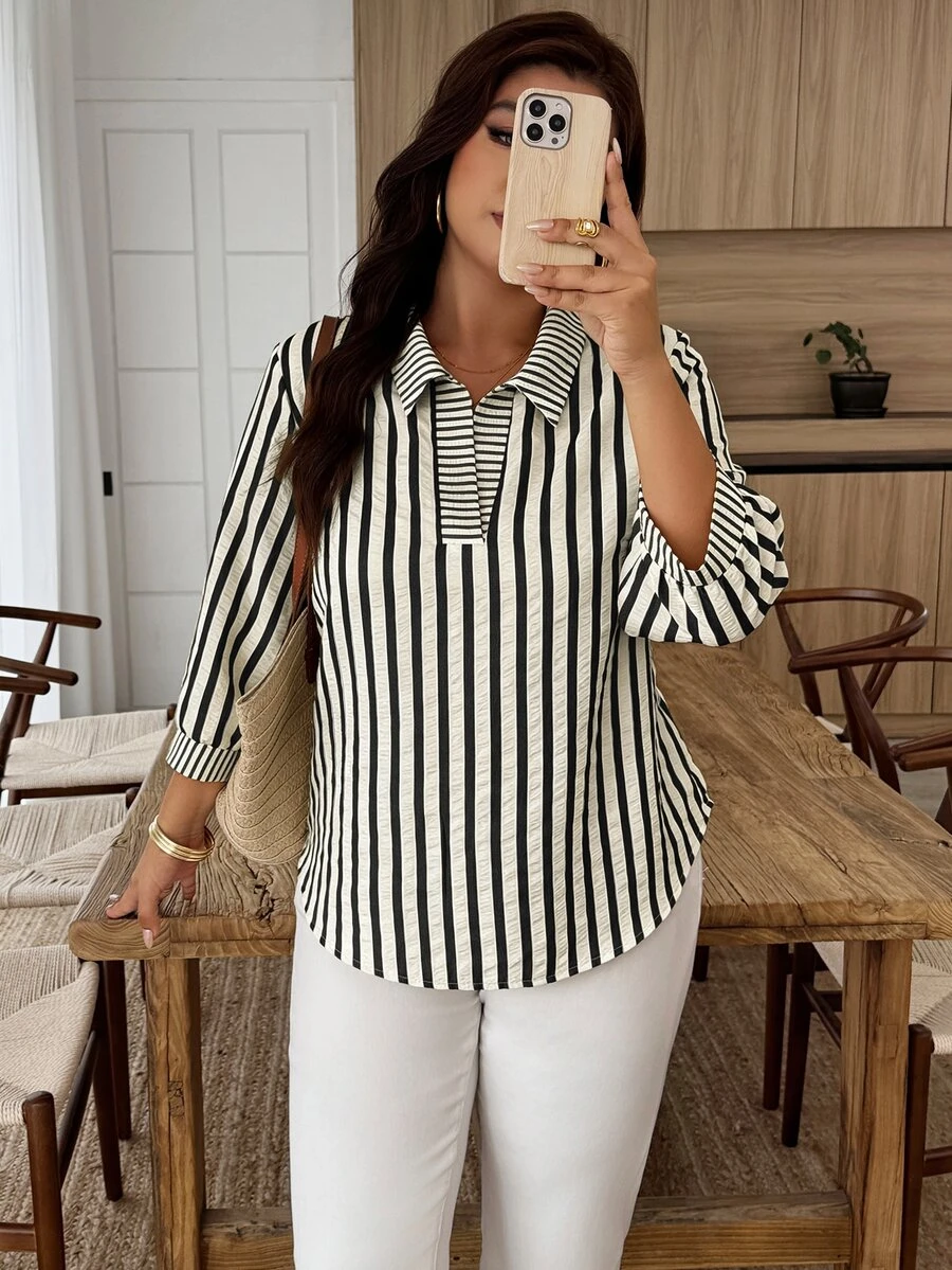 Weeklong Plus Size Women's Striped Colorblock Casual Versatile Daily Wear Shirt - Multicolor - View 1