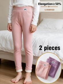 SHEIN 2pcs Girls' Autumn/Winter Bow Embroidery Pattern Thermal Leggings, Casual Daily Wear - Multicolor - View 7