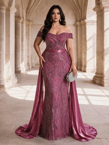 Coutiva Off-Shoulder Heart Neckline Full-Coverage Heavy Beaded Embroidery Fitted Mermaid Floor-Length Gown - Dark Purple - View 4