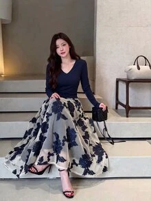 Modelyn Women's Elegant Autumn Solid Color V-Neck Long Sleeve Fitted Top & 3D Floral Mesh Midi Skirt 2 Pieces Set, Date & Commute Vibe - Navy Blue - View 5