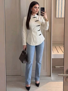 Modelyn Women's Chinese Style Stand Collar Black And White Checkered Contrast Color Frog Button Long Sleeve Shirt, Autumn Fall/Winter Brunch Elegant - White - View 7