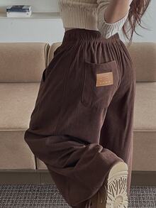 DAZY Solid Color Loose Leg Drawstring Corduroy Thickened Wide Leg Pants Autumn/Winter Women's Long Pants - Coffee Brown - View 9