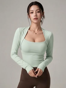 DAZY Solid Crop Sports Tee With Bolero Fall - Mint Green - View 7