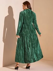 Comfylo فستان نسائي مقاس كبير بأكمام طويلة وياقة، مخمل أخضر، مرن قليلاً، ناعم ومريح، لحفلات الخريف/الشتاء والفعاليات المسائية والعشاء - أخضر - مشاهدة 2