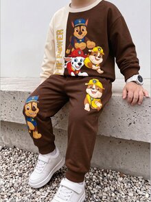 SHEIN | PAW Patrol 小男孩黃色拼色卡通小狗印花寬鬆衛衣套裝 秋季長袖上衣與長褲 返校休閒穿搭 - 彩色 - 查看 1