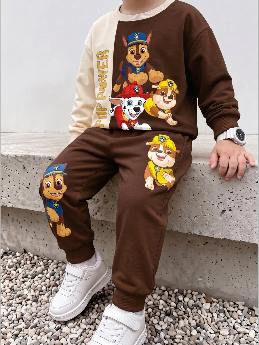 SHEIN | PAW Patrol 小男孩黃色拼色卡通小狗印花寬鬆衛衣套裝 秋季長袖上衣與長褲 返校休閒穿搭 - 彩色 - 查看 1