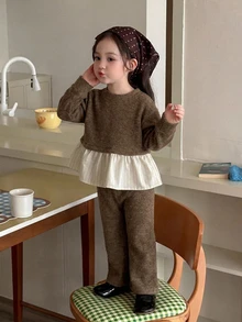 DAZY Infant (Girl) Round Neck Long Sleeve Colorblock Patchwork Korean Style 2 Pieces Sweatshirt Set Fall - Coffee Brown - View 5