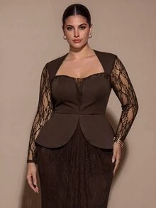 SHEIN BAE CURVE فستان حفلة كاجوال للنساء بمقاسات كبيرة مع تطريز دانتيل - بني - مشاهدة 3