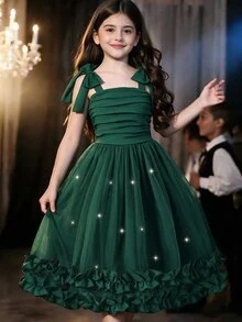SHEIN Tween Girls Ruched Mesh Pearl Ruffle Hem Party Dress - Multicolor - View 1
