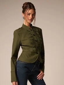 Athîral 橄欖綠輕便休閒夾克，配拿破崙式金屬鈕扣，百搭實用，女性日常穿著必備，適合辦公室穿搭 - 軍綠色 - 查看 7
