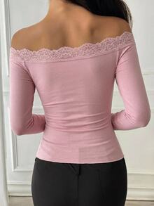 DAZY Women's Lace Patchwork Square Neck Elegant Pullover T-Shirt Fall - Pink - View 3