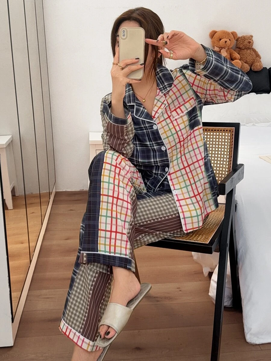 Napfluff Contrast Color Mixed Plaid Pajama Set, Classic Lapel Long Sleeve Loose Fit Loungewear 2 Pieces Set - Multicolor - View 1