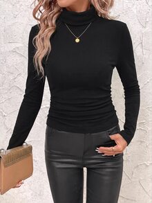 SHEIN Clasi Kaos Termal Hangat Wanita dengan Kerah Tegak, Pinggang Diikat, dan Detail Kerut - Hitam - View 3