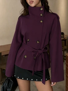 Aloruh 卡其色收腰短款風衣大衣 女款，適合秋冬穿著 - 紫色 - 查看 7