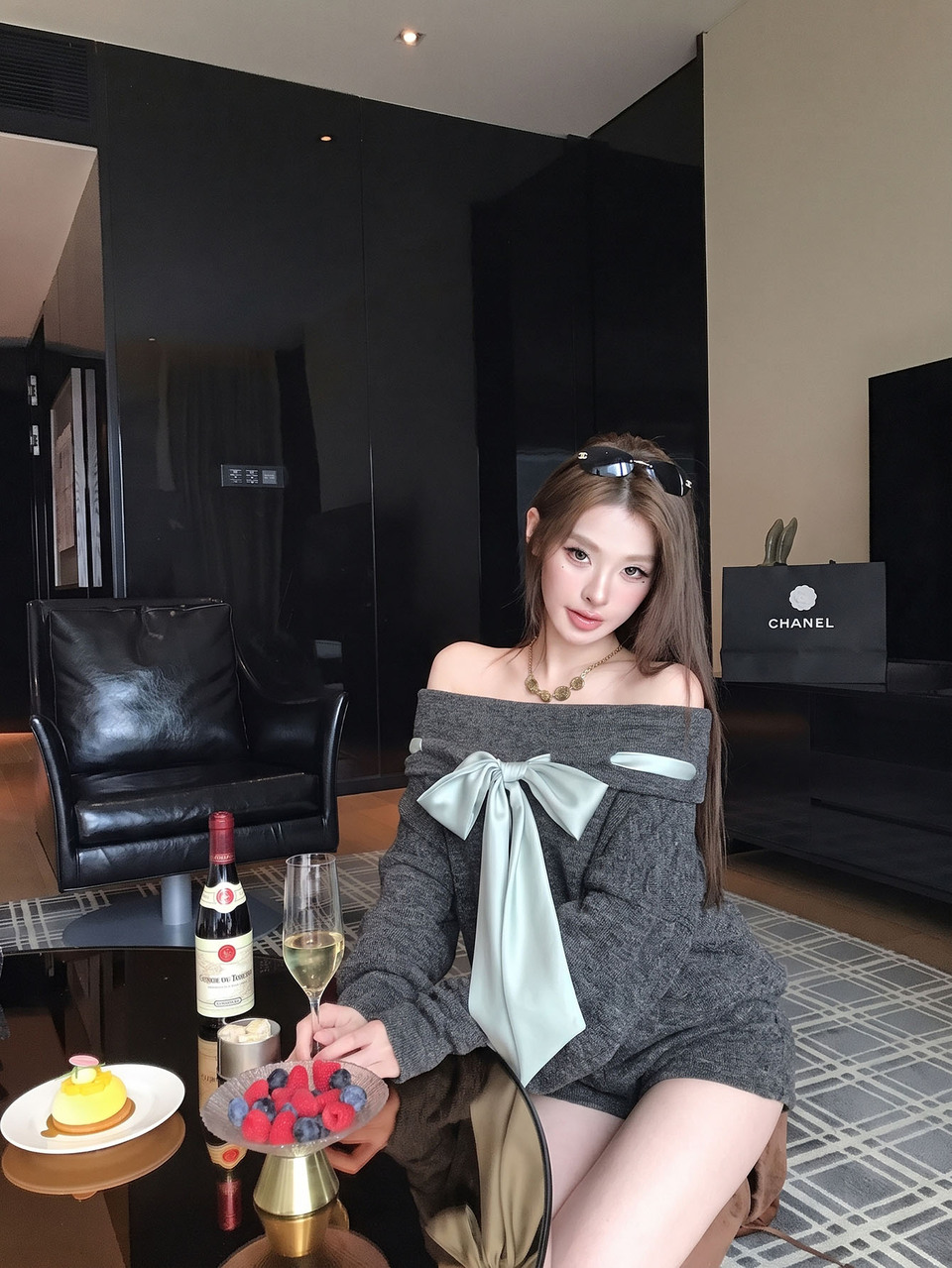 Grey Slouchy Sweet One-Shoulder Bow Ribbon Elastic Knit Top