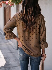 Breezaya Women's Polka Dot Print Bowknot Neck Ruffle Cuff Casual Loose Blouse - Brown - View 2