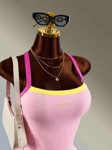 Amplova Women's Exposed Seam Design Patchwork Contrast Color Sporty Pleated Cami Dress Pink And Yellow Tennis Daily Fashion Workout Gym Going Out Casual - Pink - View 7