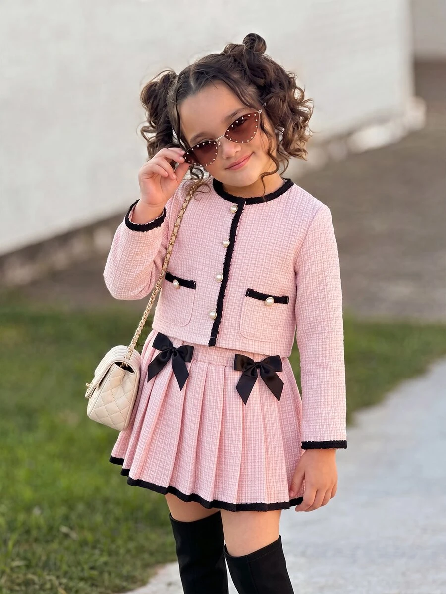 Young Girl Colorblock Jacket Set With Trim Design, Pearl Decor Jacket And Pleated Skirt With Bowknot Waist - Pink - View 1