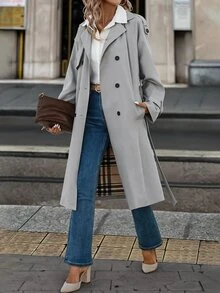 Editum 女款優雅法式插肩袖長袖雙排扣長版防水休閒風衣，秋季旅行商務辦公穿搭，卡其色 - 淺灰色 - 查看 4