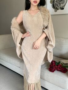 Feyla Women's Solid Color Patchwork Faux Fur Batwing Sleeve Loose Jacket And Tassel Hem Dress Elegant 2 Pieces Set - Khaki - View 2