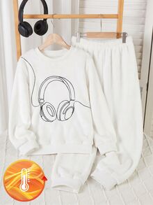 秋冬男童居家服套裝，白色法蘭絨面料，加厚保暖內裡，胸前大耳機刺繡圖案，時尚基礎款秋冬睡衣，假期必備 - 白色 - 查看 3